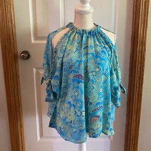 Blue paisley tie top with faux pearl detail